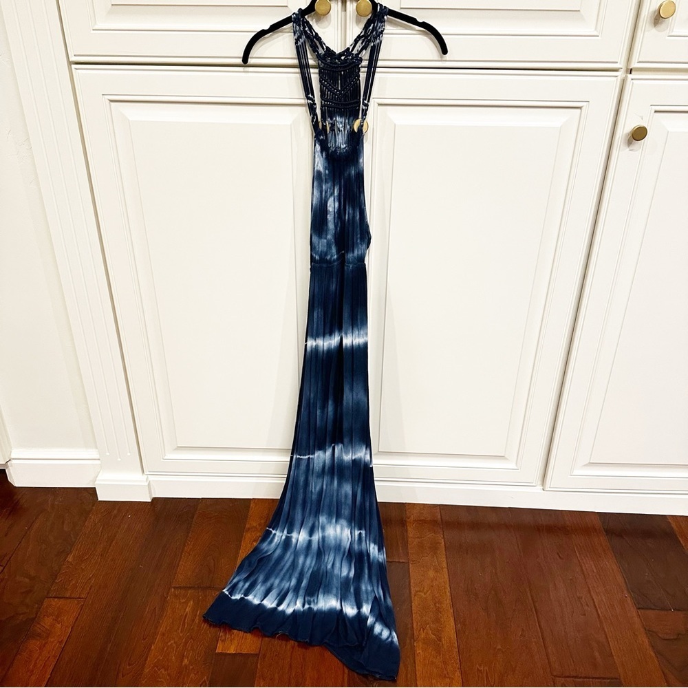 Illa Illa Women’s Navy White Tie Dye Crochet Knot Maxi Dress Swim Cover Up Small